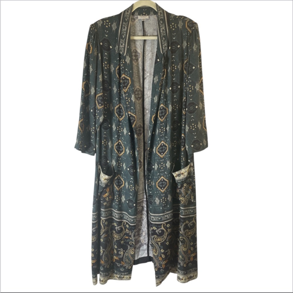 City Chic Women’s Jasper Paisley Jacket L Green Open Front Collared Long Blazer